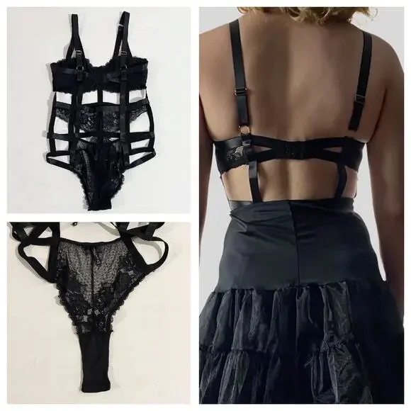 Midnight Muse Black Cutout Harness Lace Bodysuit Sz M - Picture 3 of 13